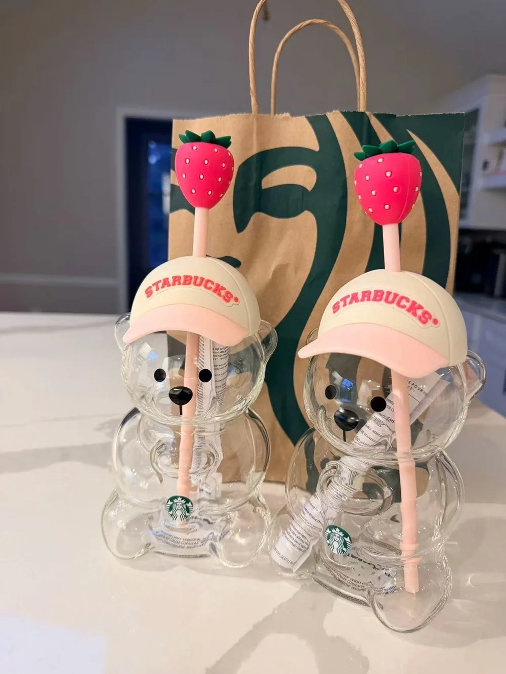 Starbucks Clear Bear Shaped Cup with Pink Strawberry Straw
